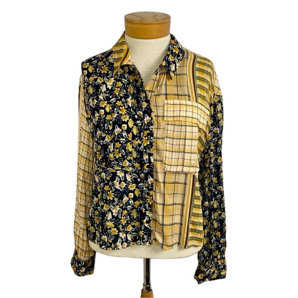 Zara Yellow Black Floral Plaid Cropped Long Sleeve Button Up Shirt Sz XS Women’s - Picture 2 of 9